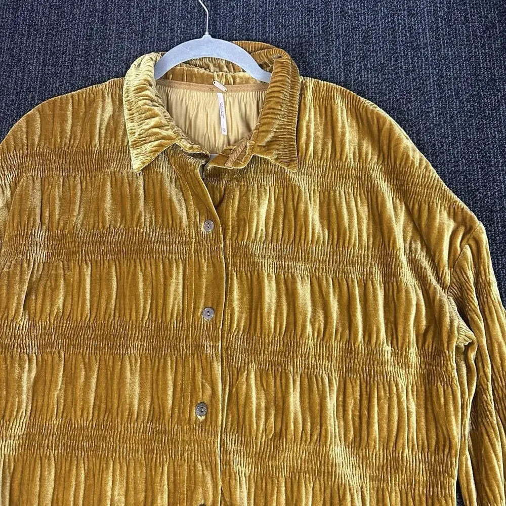 FREE PEOPLE My Best Velvet Blouse Crinkle Button Shirt Gold Oversized‎ Size XS